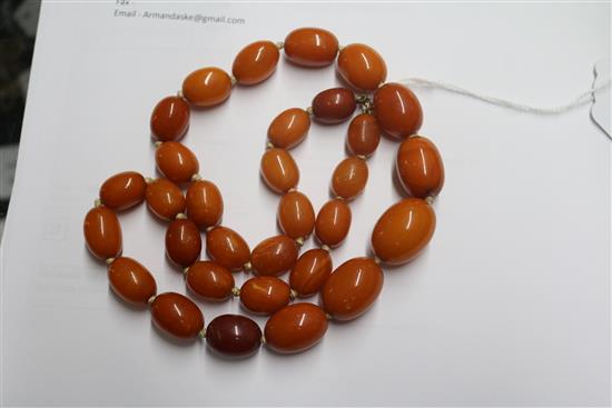 A single strand graduated oval amber bead necklace with 9ct gold clasp, gross weight 62 grams, 60cm.